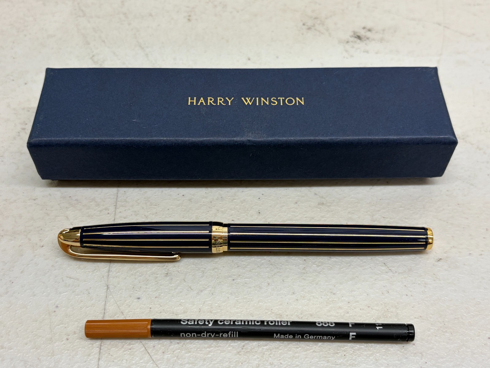 HARRY WINSTON Novelty Navy/Gold Stripe Rollerball Pen (NIB)