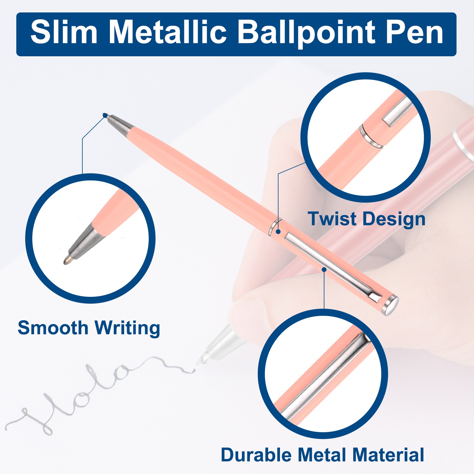 Slim Metallic Ballpoint Pen, 12Pcs Black Ink 1mm Medium Point Pen, Pink