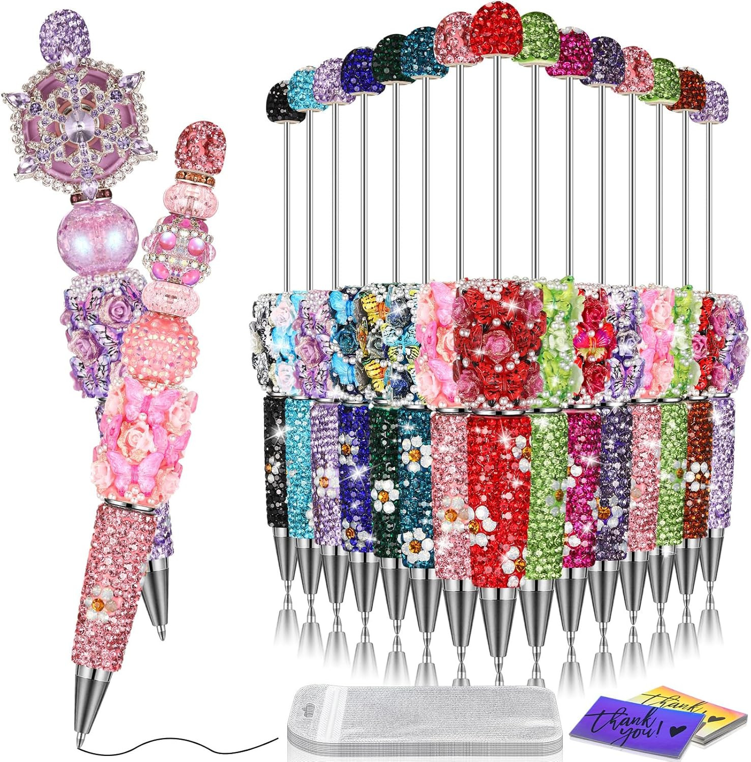 45 Pcs Full Rhinestone Beadable Pens Bulk Set 15 Glitter Diamond Pens with Cards
