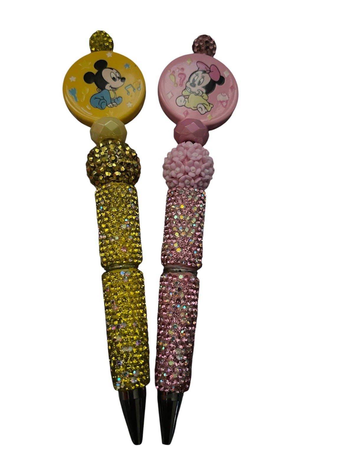 2pc Rhinestone & Beaded Plastic Ballpoint Pens w/ Cartoon Toppers, Multicolor