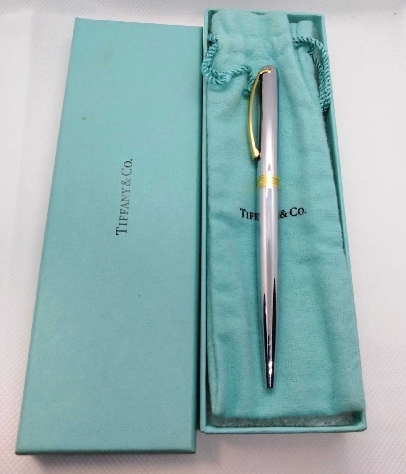 Tiffany & Co. Germany Silver & Gold T Clip Ballpoint Blue Ink Pen W Box Dust Bag