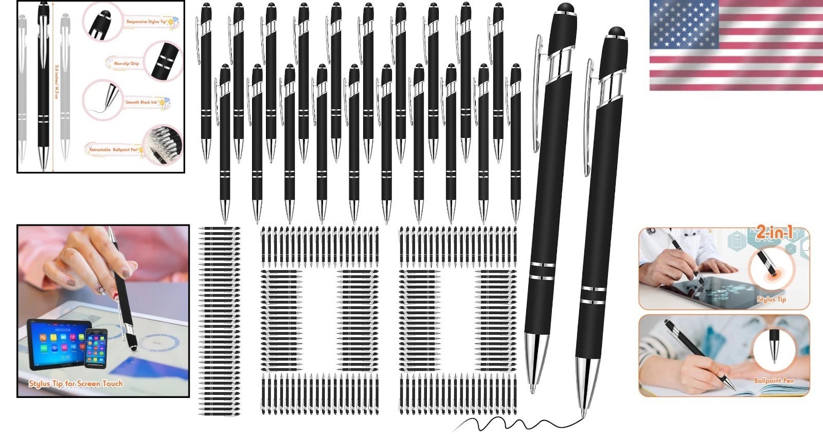 100pk Black Metal Ballpoint Pens w/ Stylus, Smooth 1.0mm Ink, Retractable Click