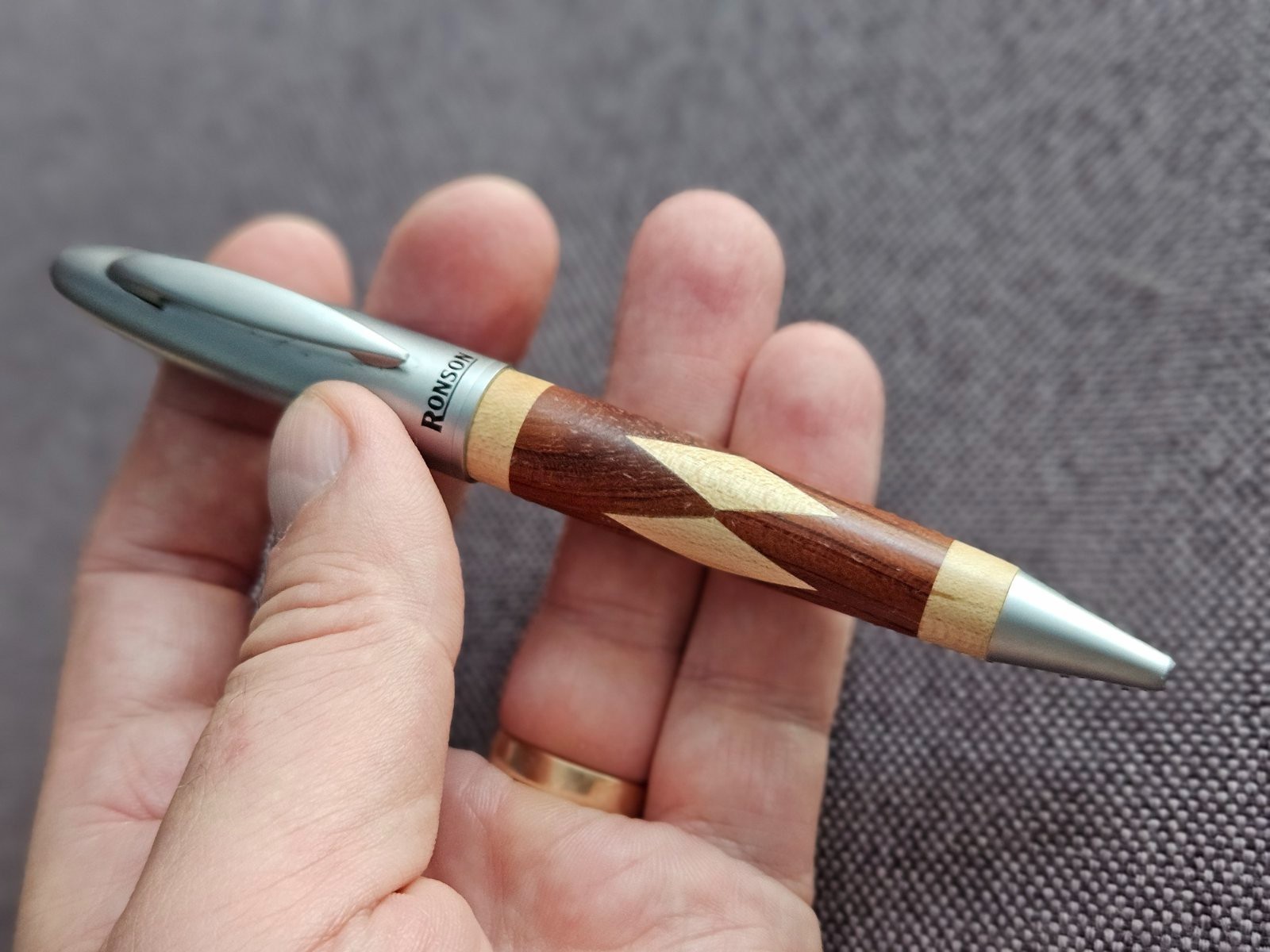 Ronson Ballpoint Pen w/ Original Wooden Case Wood Inlay Executive Writing Pen