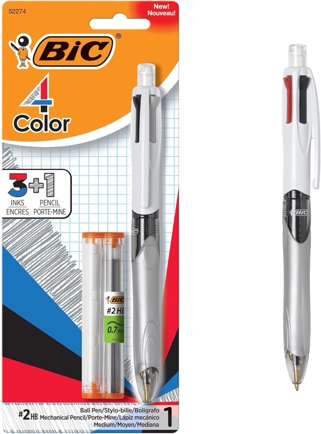 4-Color 3+1 1 Count (Pack of 1) Red, Blue, Black Ink Ballpoint Pen and Pencil