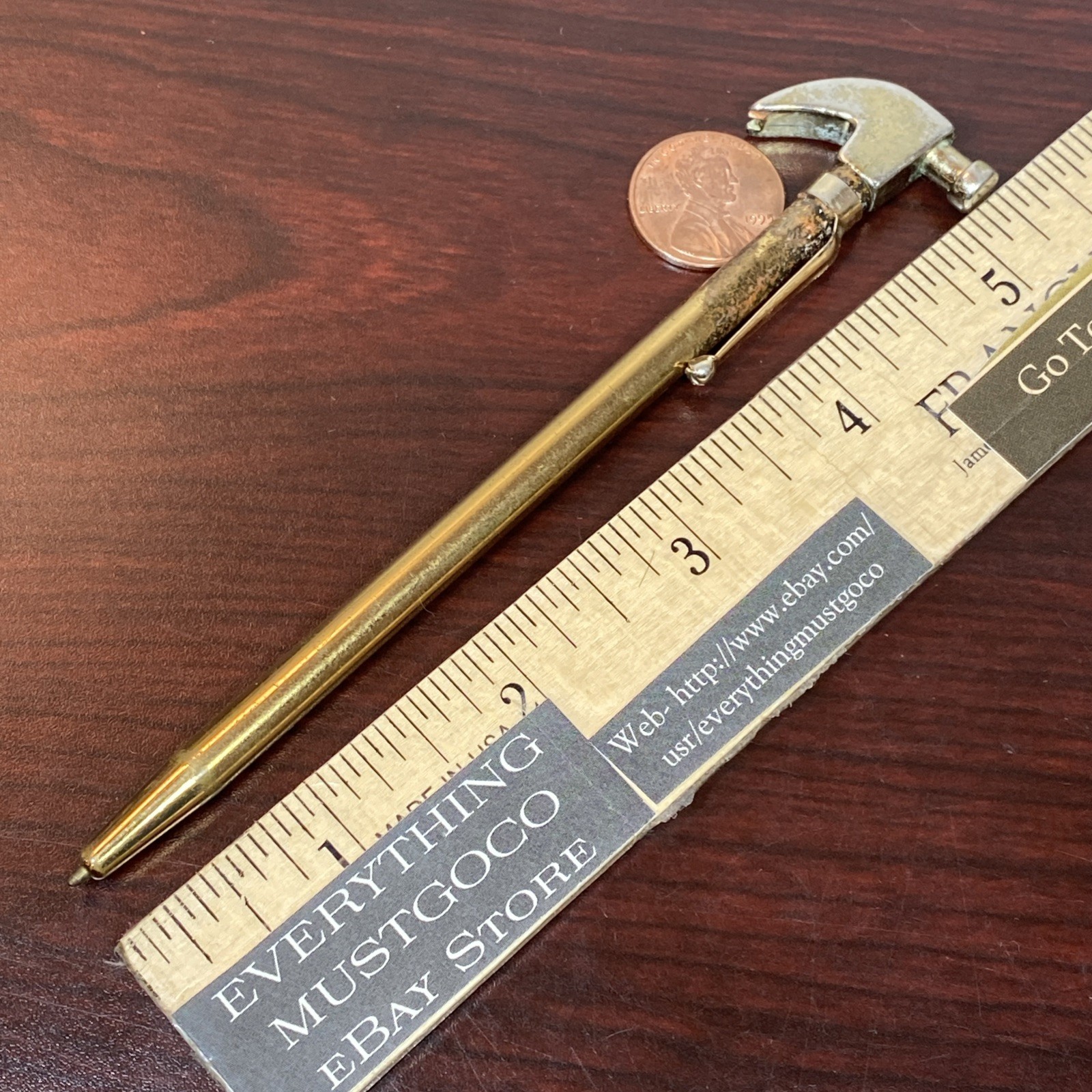 Vtg GOLD TOLD Brass Mini Carpenter HAMMER BALL POINT PEN POCKET CLIP USA Novelty