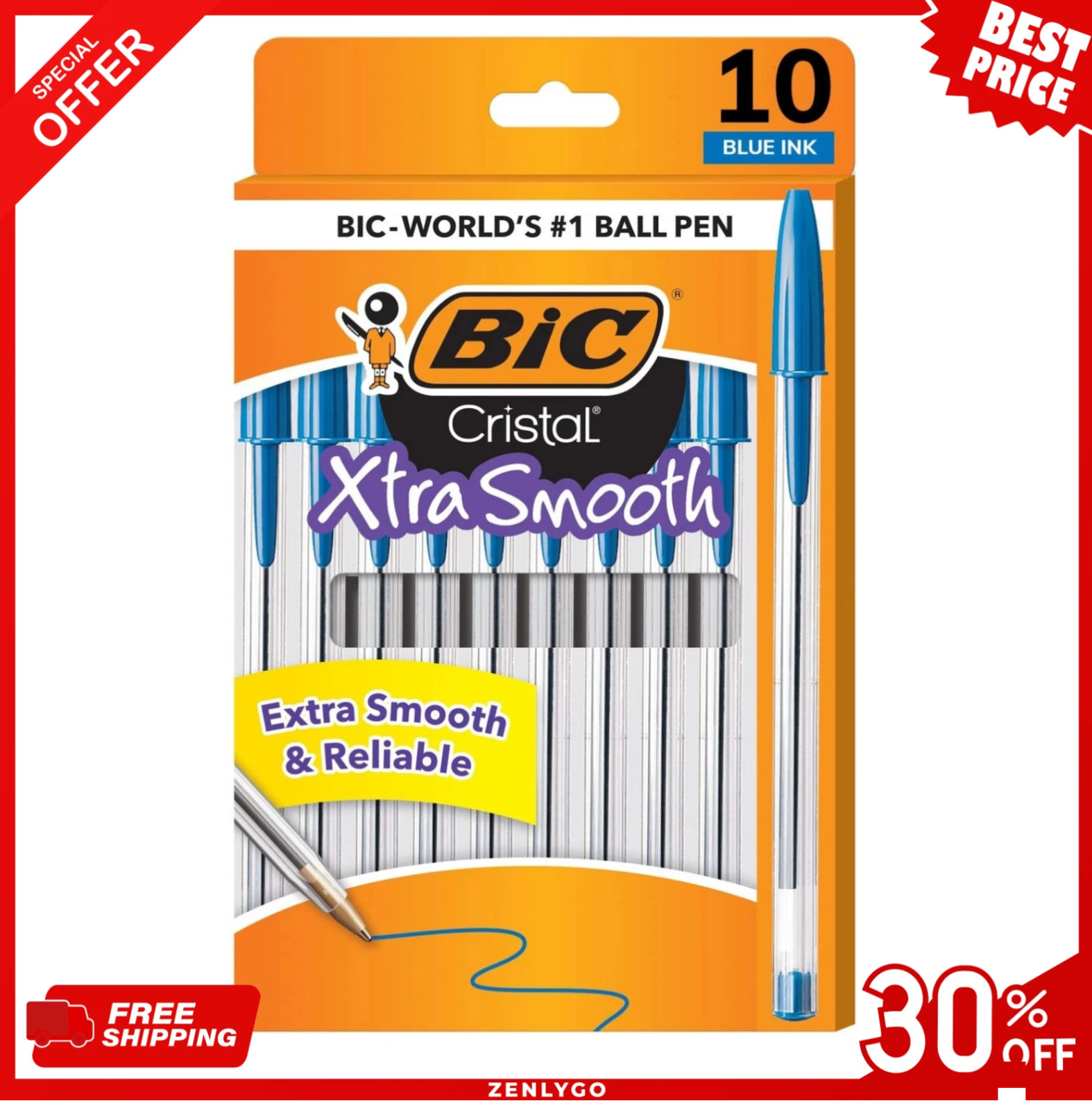 Pack of 10 Ballpoint Pen – Blue Ink Ball Point Pens for Office Writing School