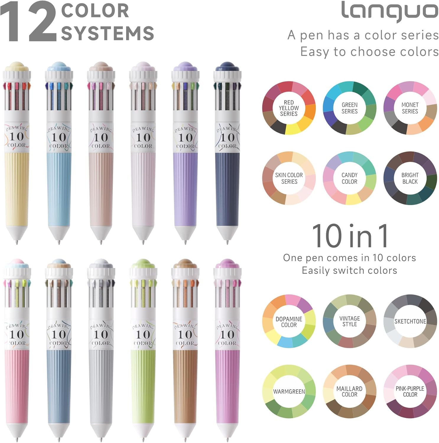 120 Colors Multicolor Pen, 12PCS 10-In-1 Multicolor Ballpoint Pen Set, 0.8Mm Tip