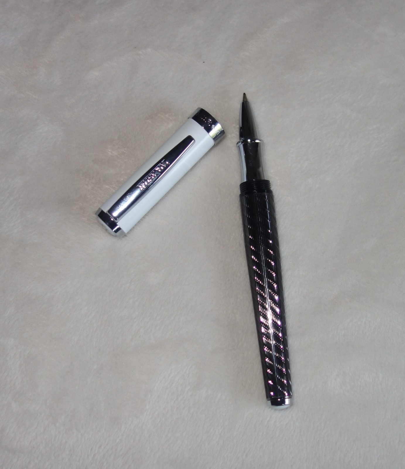 LANCASTER ITALY BALL POINT PEN SILVER WHITE TONE, BLACK INK NEW +BOX