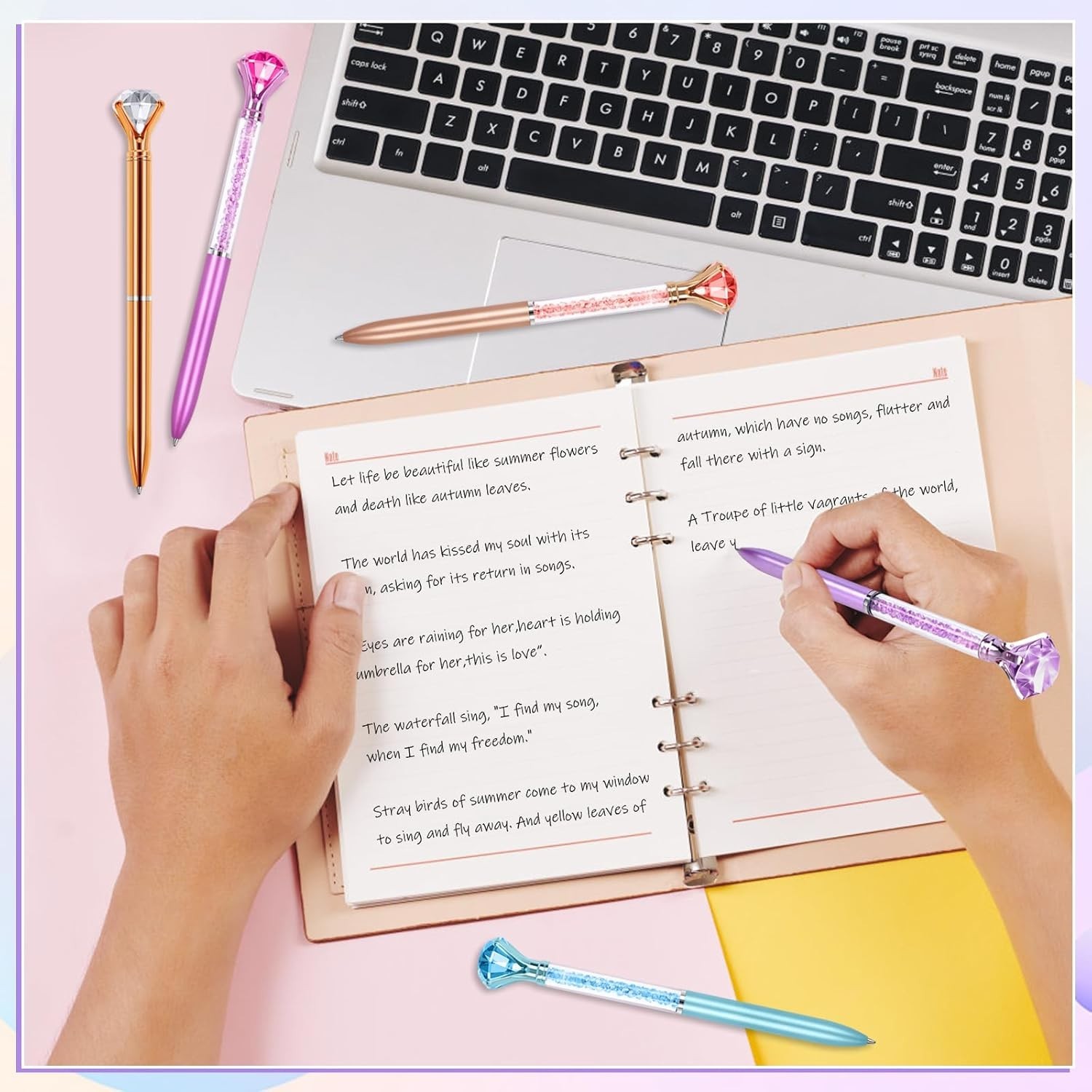 6 Pack Diamond Pens with Crystal Top Black Ink Refillable Ballpoint Pens