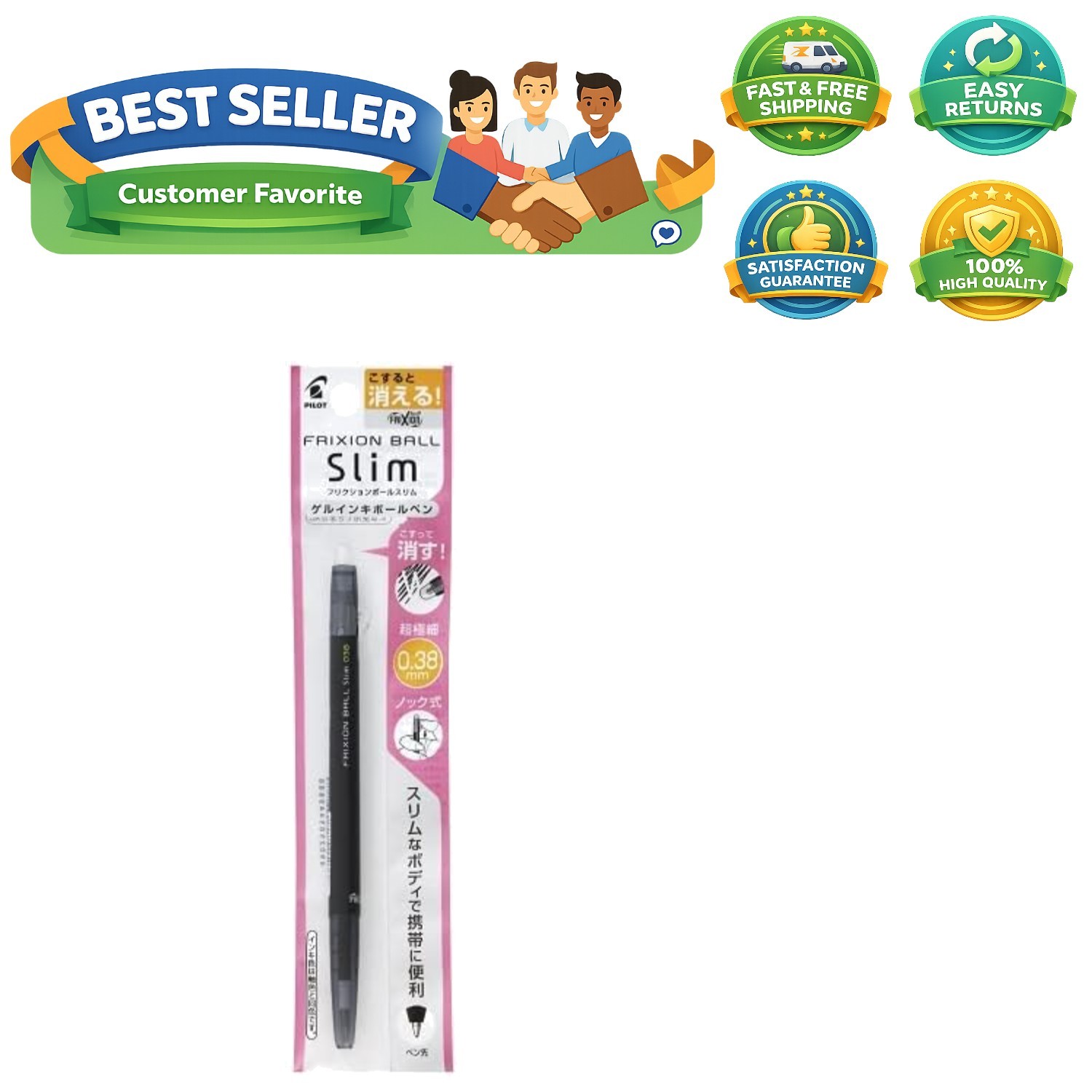 Black Frixion Slim Ballpoint Pen, 0.38mm – Perfect for Note-Taking & Sketching