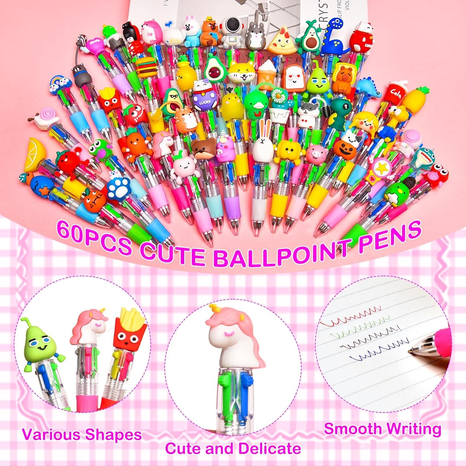 60 Pcs Mini Multicolor Pens in One 4-In-1, Cute Pens Back to School Gifts