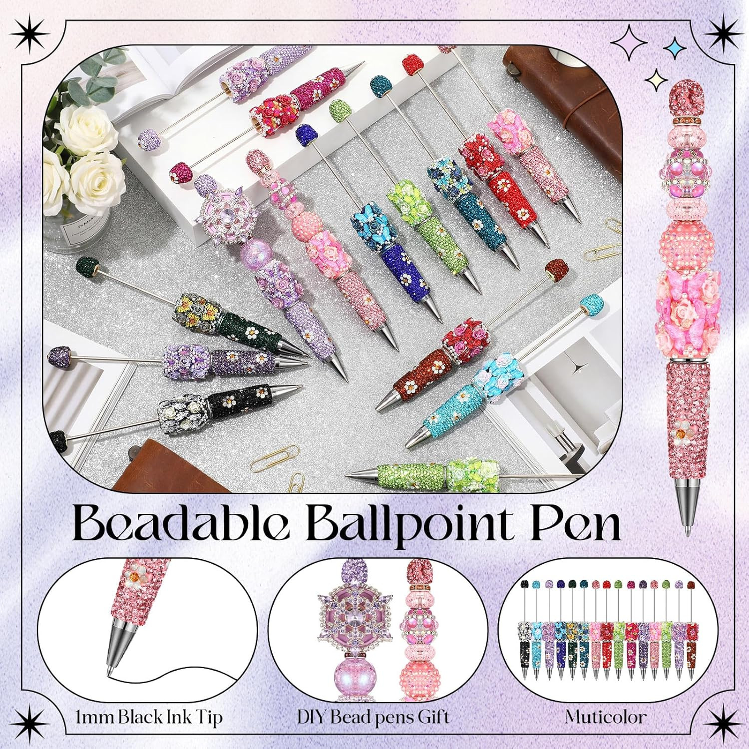 45 Pcs Full Rhinestone Beadable Pens Bulk Set 15 Glitter Diamond Pens with Cards