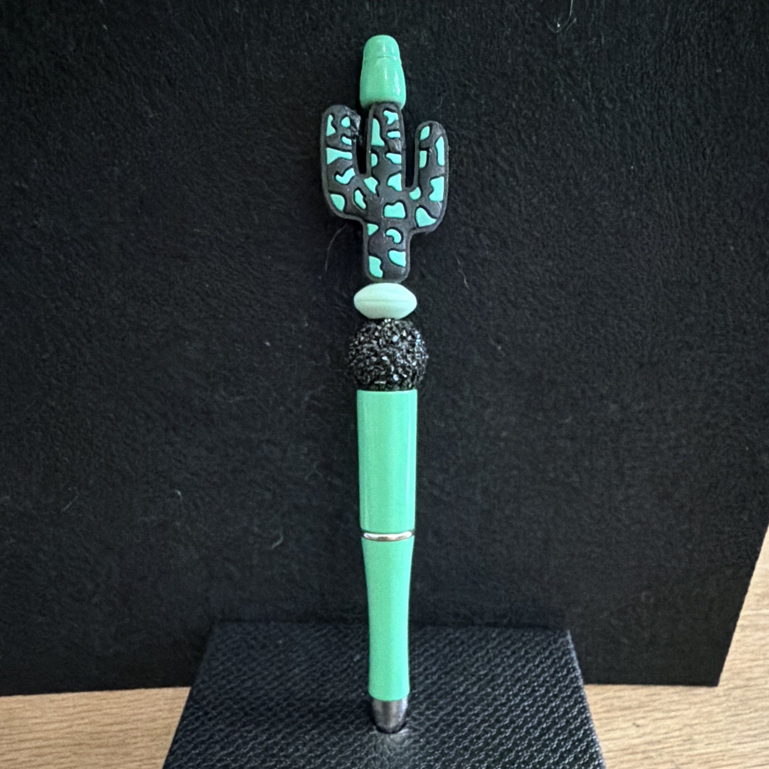 Novelty Plastic Ballpoint Pen w/ Cactus Topper, Turquoise/Black, Black Ink