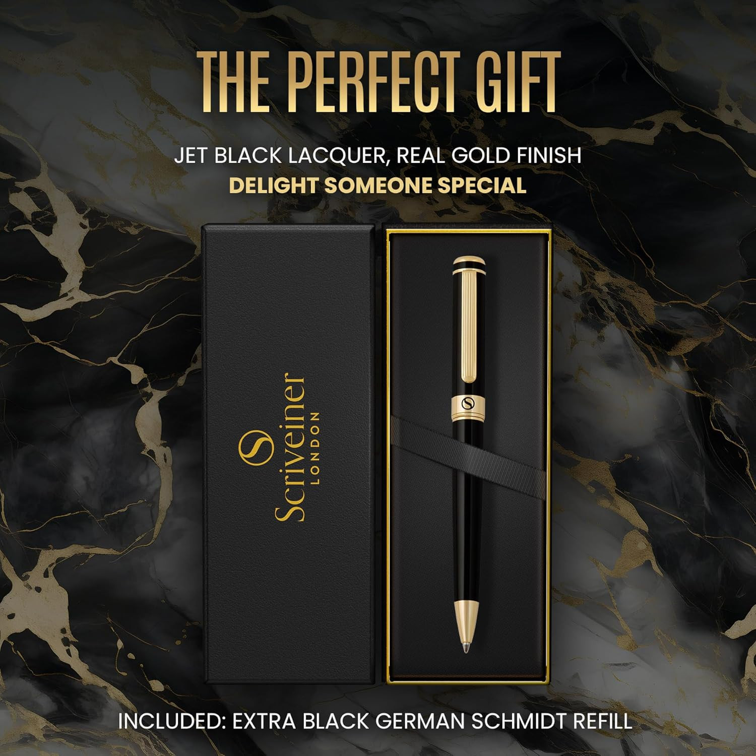 Black Lacquer Ballpoint Pen -Stunning Luxury Pen, Real Gold Plating, Schmidt Bla