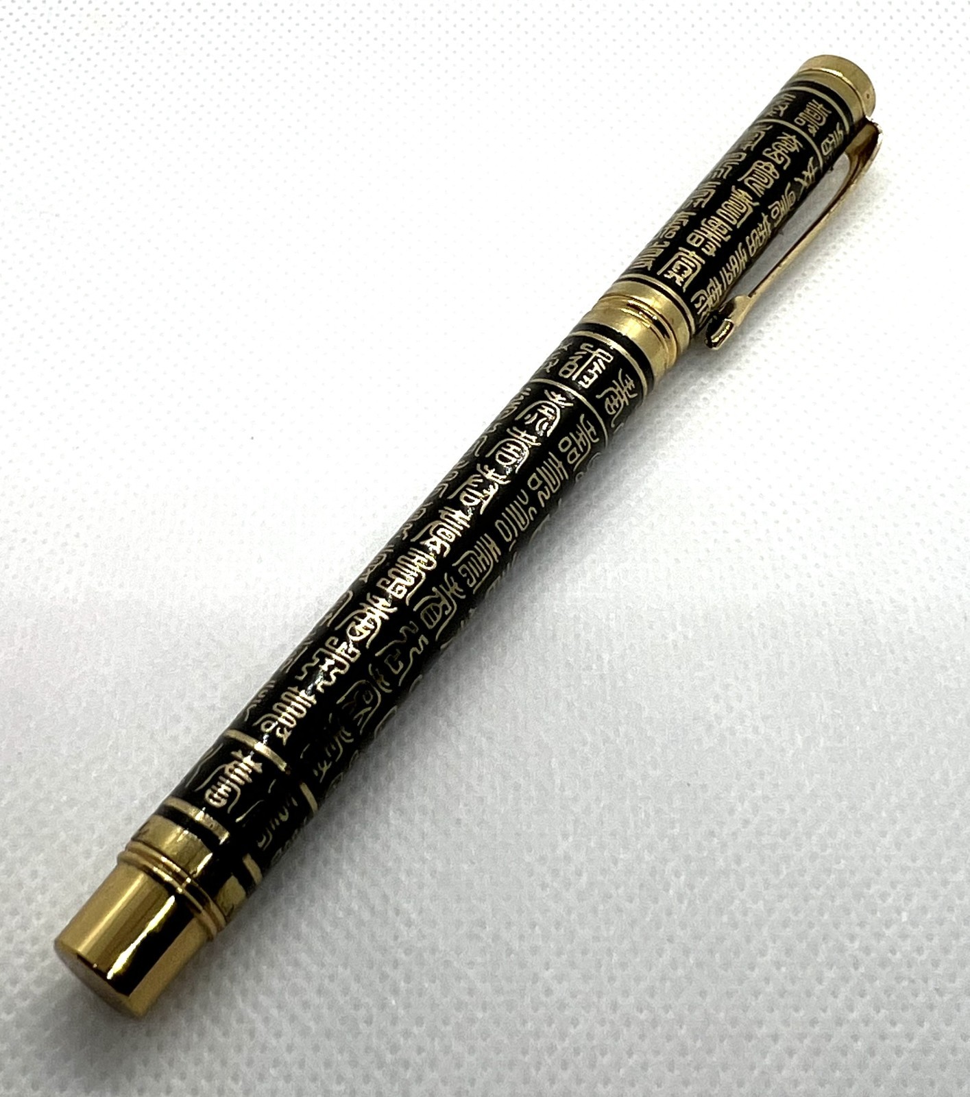 Shanghai Ballpoint Pen Ancient Script Gold Tone Black Enamel Refillable EX Cond.