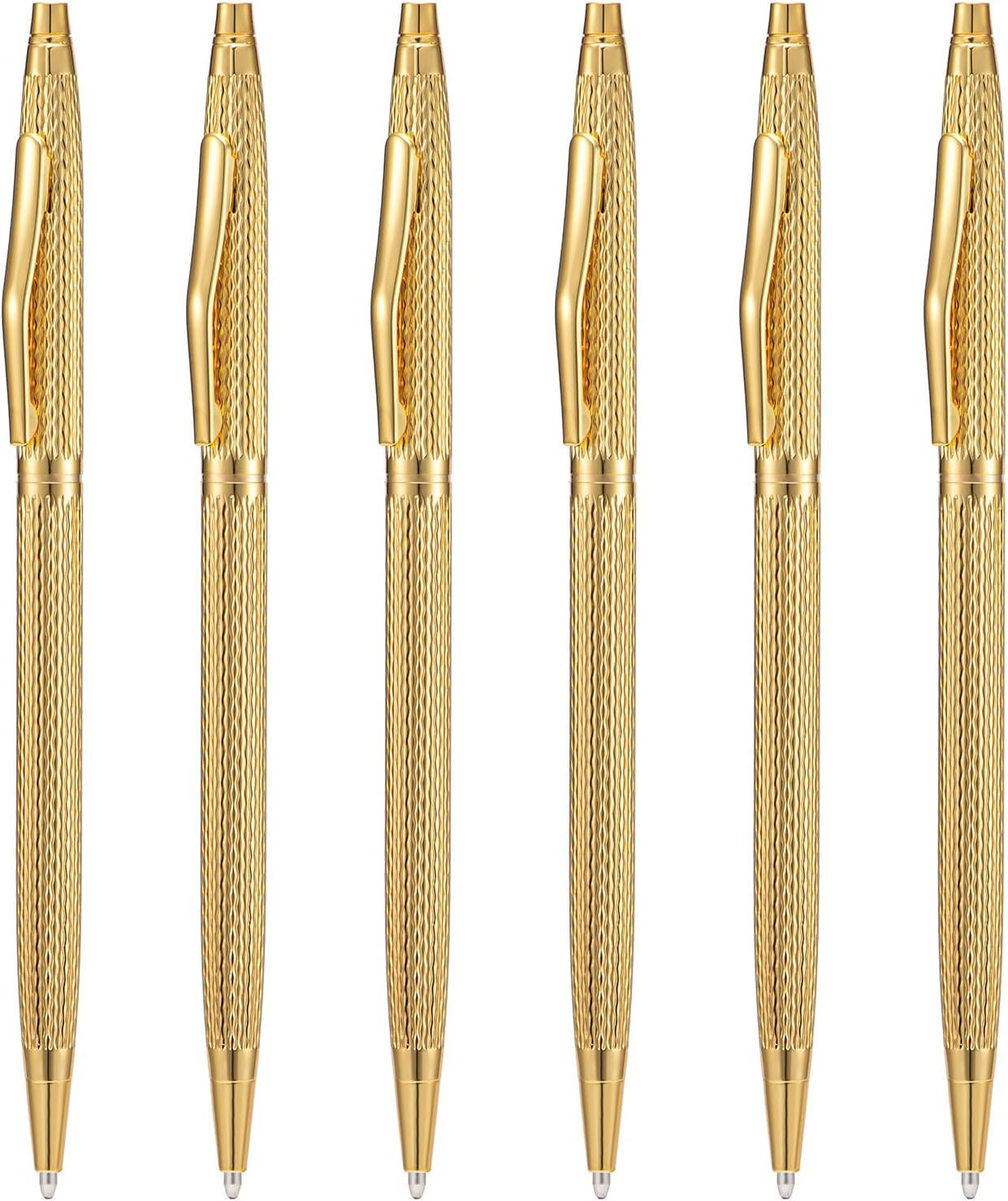 6 Pack Golden Slim Metal Ballpoint Pen, 1mm Medium Point Black Ink Smooth Writin