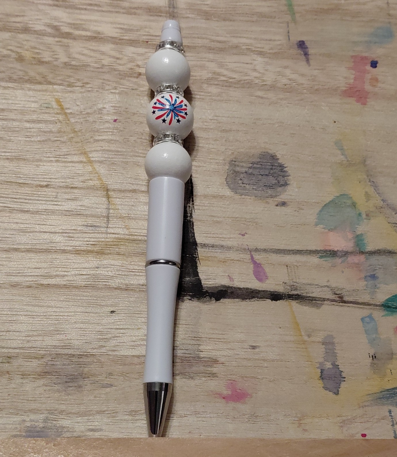 White Plastic Decorative Ballpoint Pen w/ Beaded Top, Black Ink – New