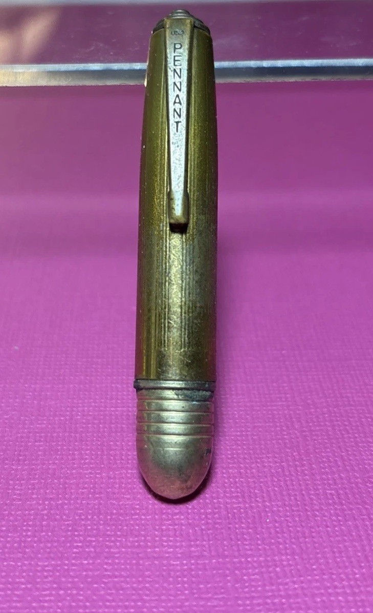 Vintage Pennant, USA, Bullet Ballpoint Pen, Blue Ink, Brass Plated Clip, 3 In.