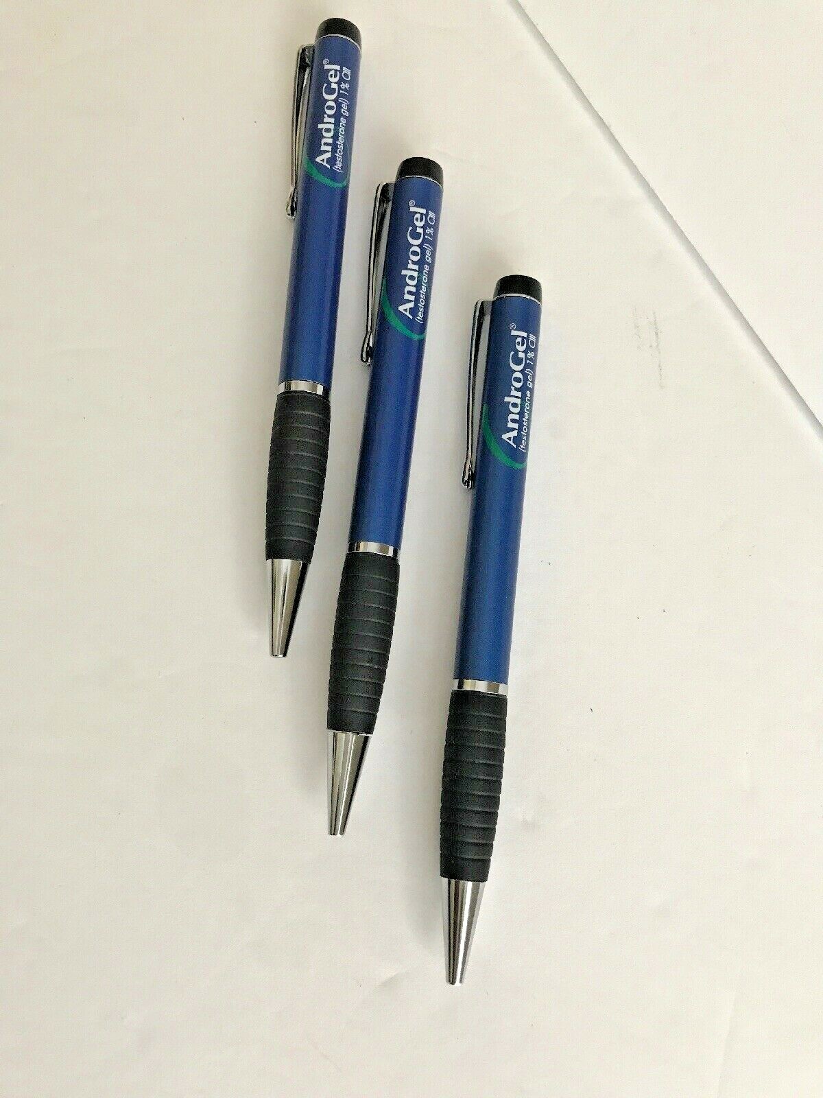 Three Metal Pharmaceutical Drug Rep Pen Pens Blue Black Twist and Write