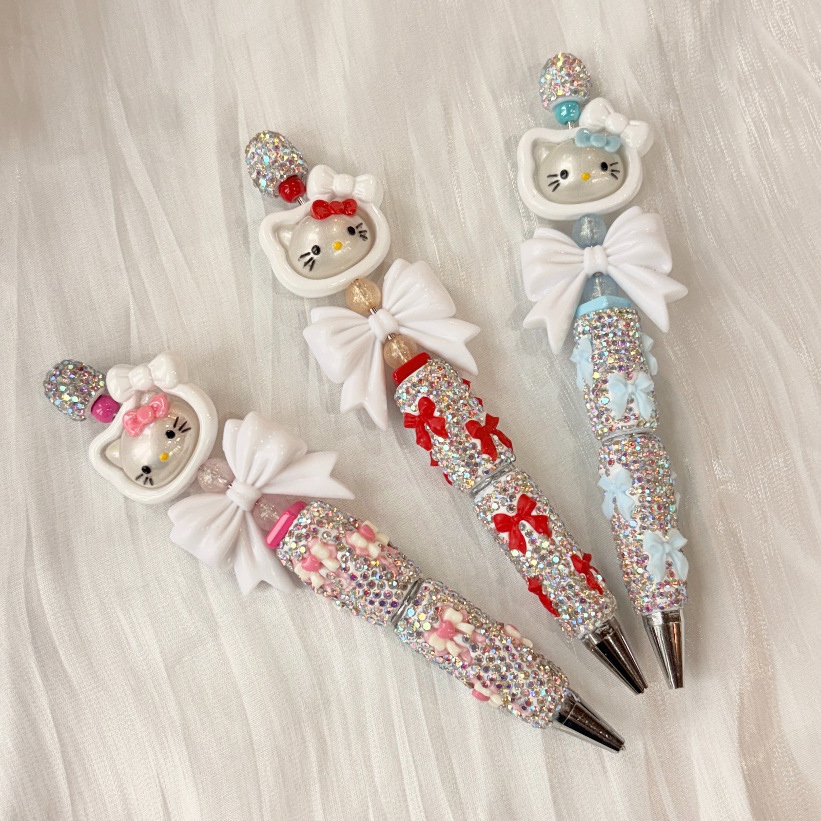 Handmade Hello Kitty Glitter Ballpoint Pen Cute Ribbon Crystal Pen Set