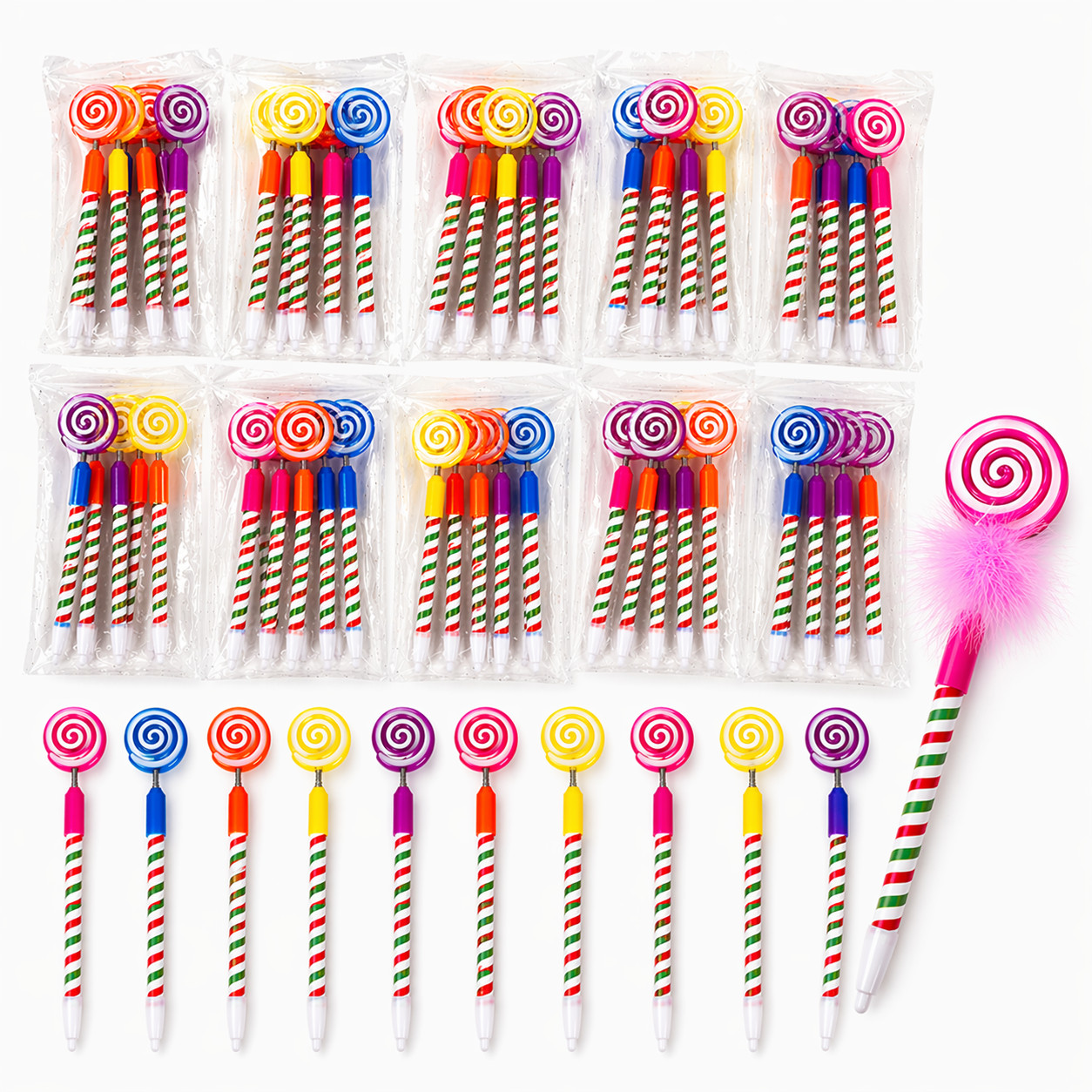 Wholesale Closeout 30 PCS Lollipop Pens Rainbow Swirl Candy Ballpoint Pens Bulk