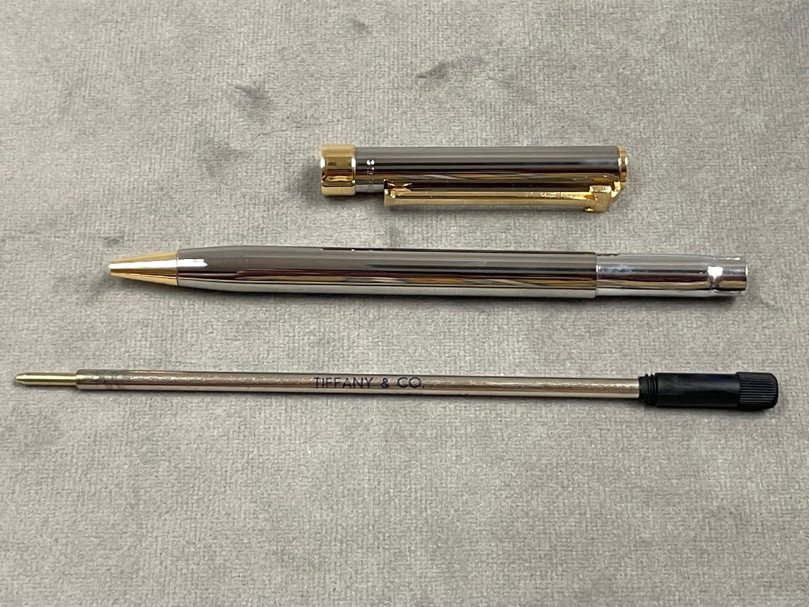 TIFFANY & Co. STERLING SILVER & GOLD TONE T CLIP BALLPOINT PEN W/POUCH 6M0746