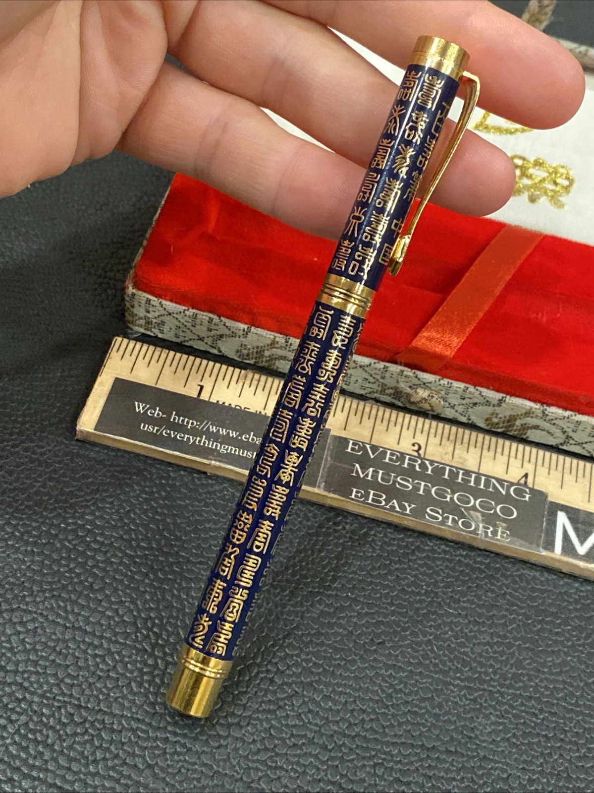 Vtg Chinese China Taraku Ballpoint Chinese Poem Lettering Gold Tone Pocket Clip