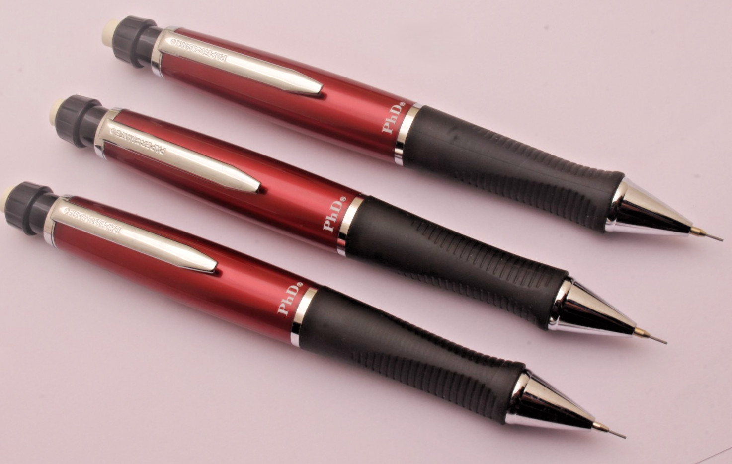 3 X Cherry Red Papermate PHD Mechanical Pencils Rubber Grip Rare NEW OLD STOCK