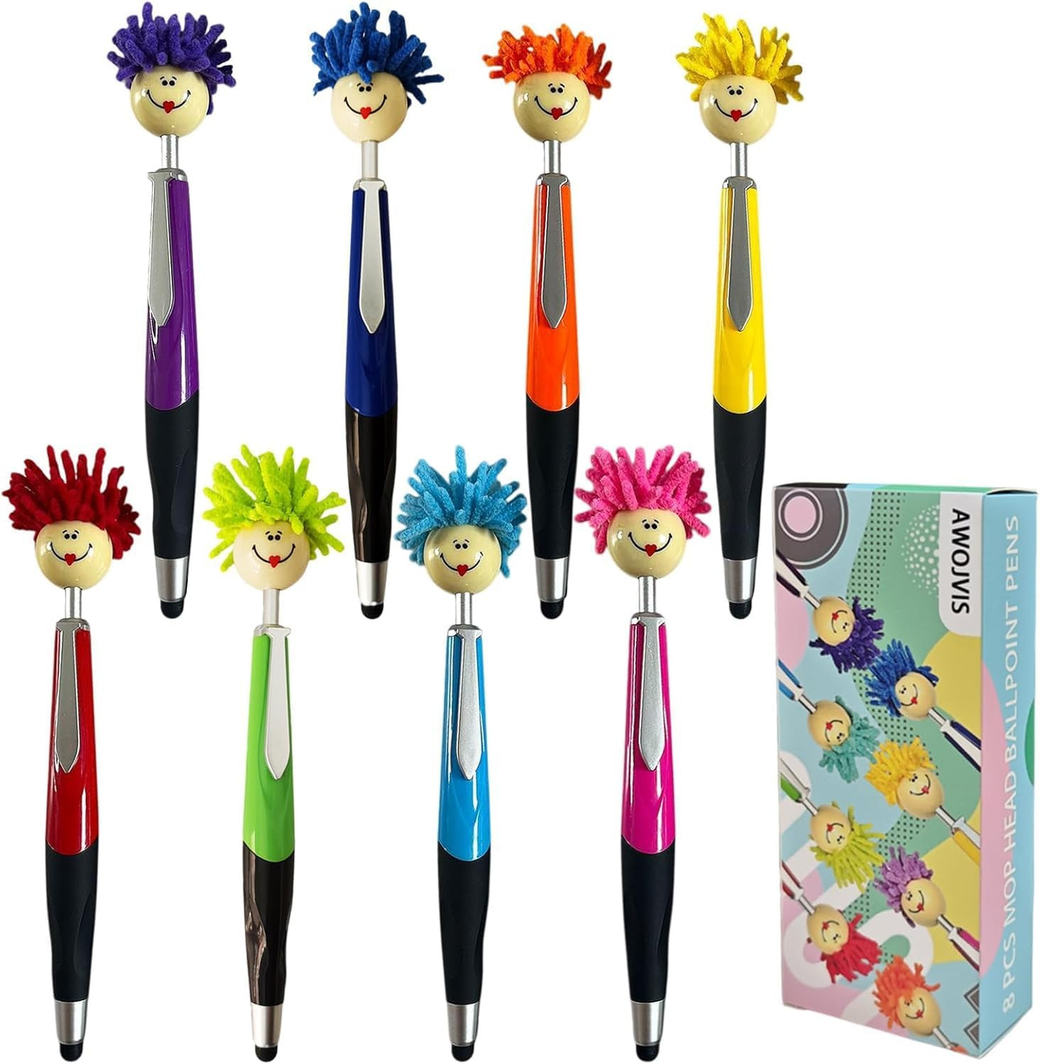 AWOJVIS Pens,Ballpoint Pen,8Pcs Mop Head Ballpoint Pens, Funny Mophea Topper Pen