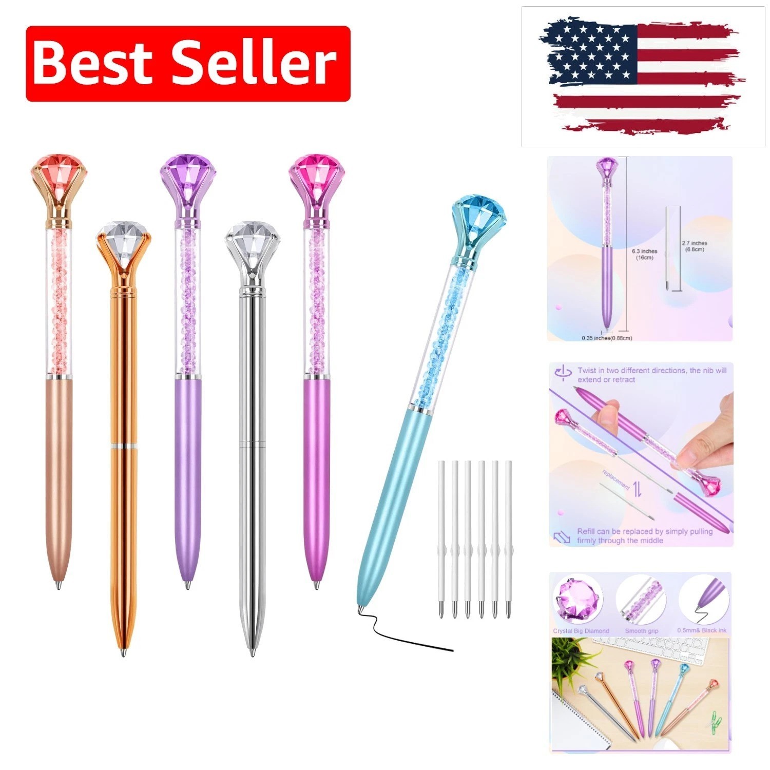 6 Diamond Pens with Crystal Top, Bulk with Black Ink Refill, for Office, Scho…
