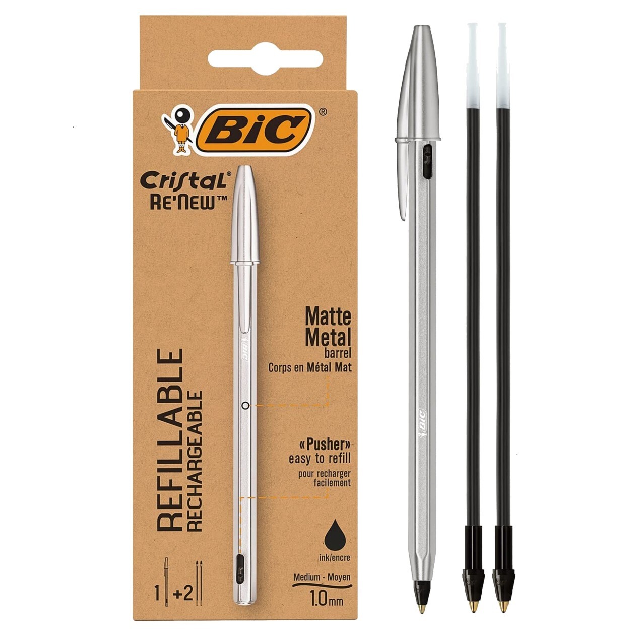 BIC Aluminum Body Refillable Cristal Re’new Ball Point Pen 1.0mm with 2 Refills