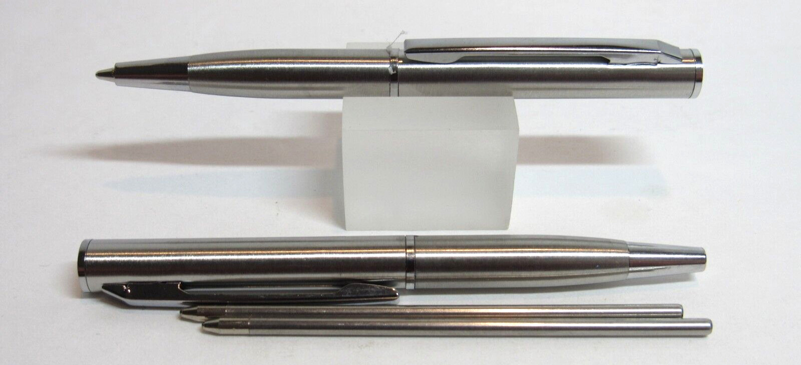 SET OF 2 SUPER MINI BRUSHED CHROME METAL BALLPOINT PEN+2 EXTRA REFILLS