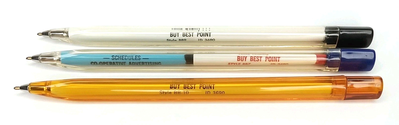 Vintage 1950s Best Point Advertising Ballpoint Ink Pen Yellow Blue Set Of 3