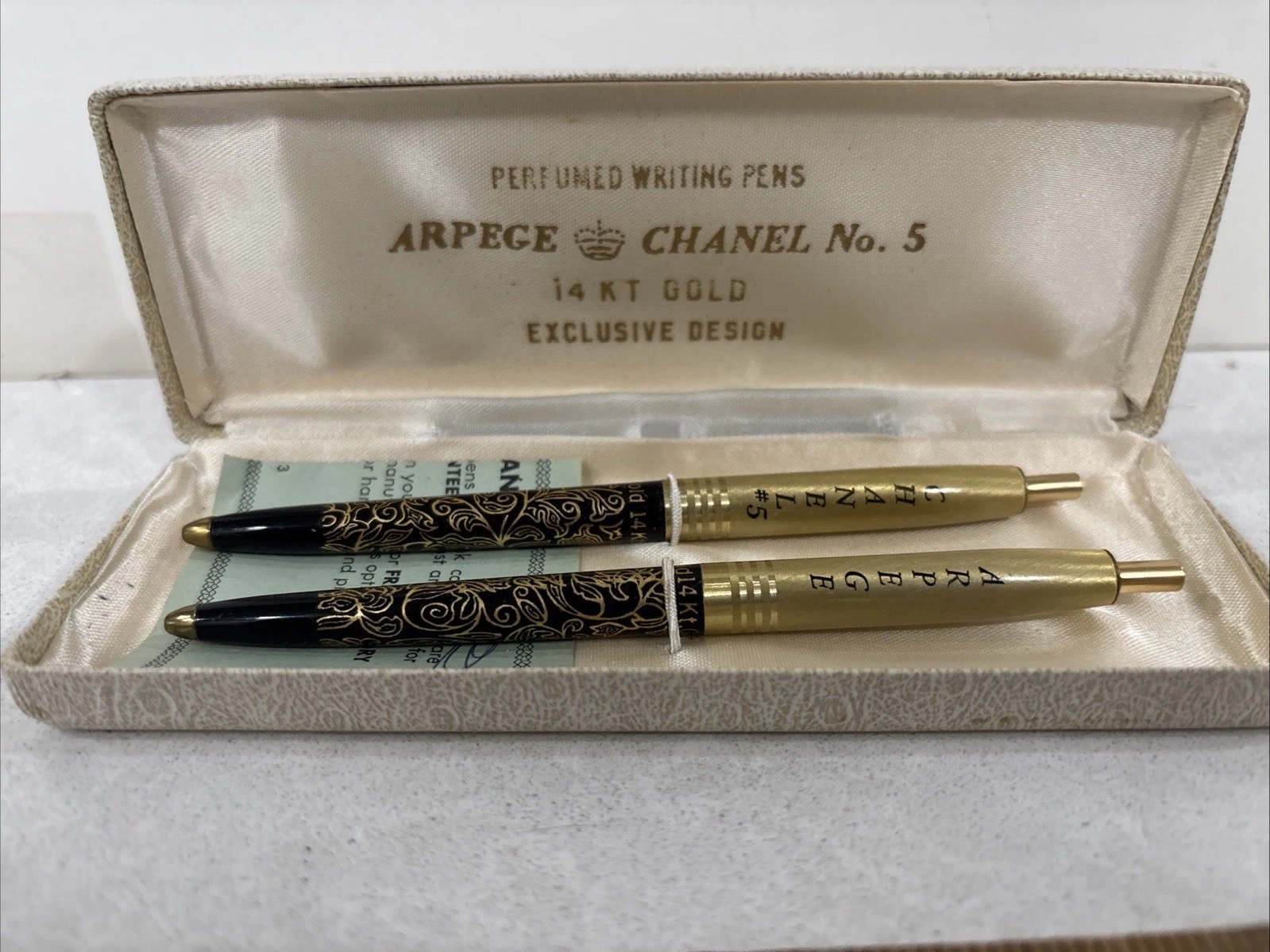 Arpege CHANEL No 5 Ballpoint Pen Set Vintage 14kt Gold Perfume Writing Pens