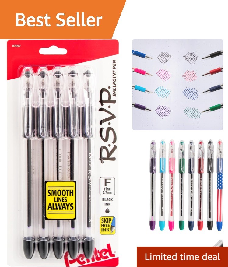 RSVP Ergonomic Ballpoint Pen Set, 0.7mm Fine Point, Black Ink, Pack of 5