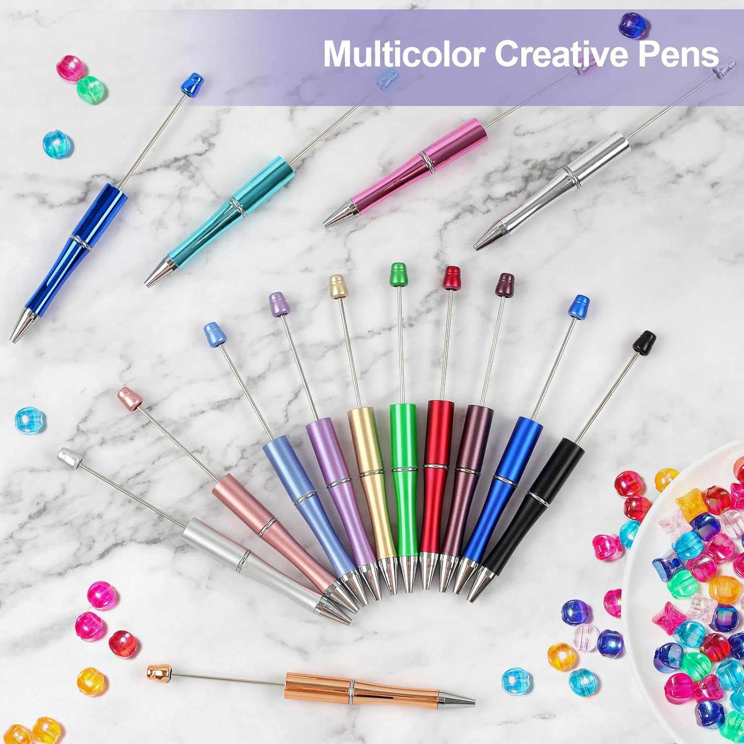 15 PCS Beadable Pens, Beadable Pens Bulk Colored Plastic, Black Ink Beaded Pe…