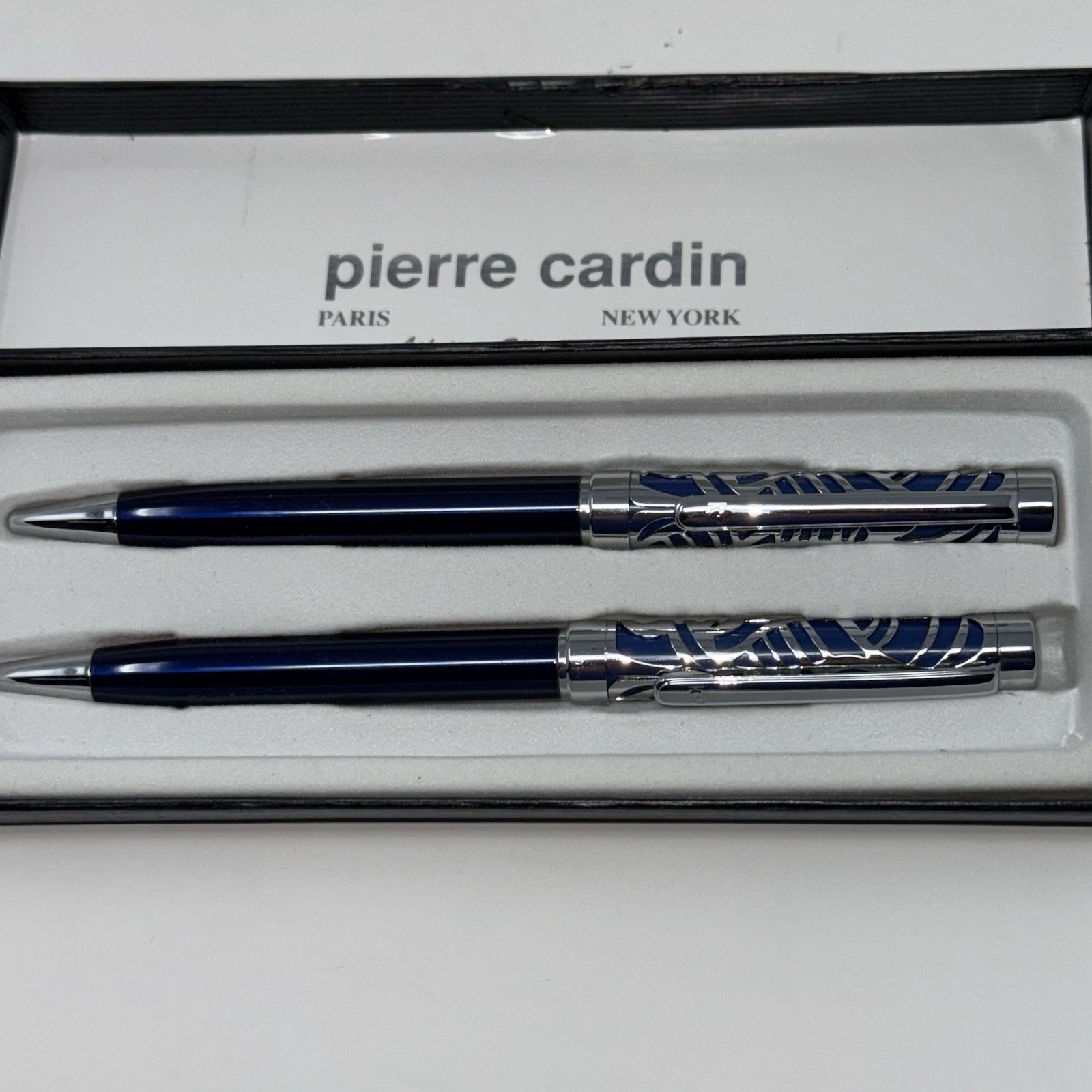 Vtg Pierre Cardin Blue Lacquer & Chrome Filigree Pen Set