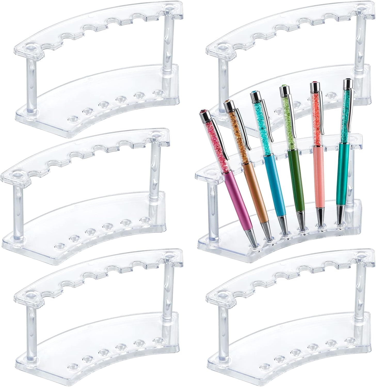 6 Pcs Pen Display Stand, 6 Slots Plastic Pen Holder, Clear Pen Display Rack for