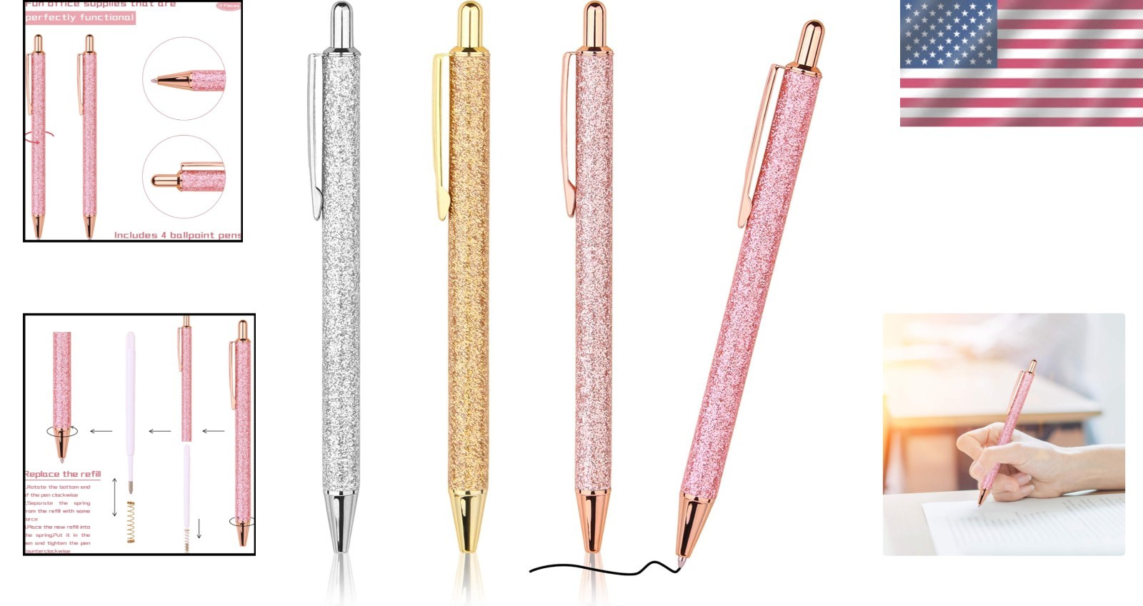 Luxury Retractable Ballpoint Pens – 4 Pcs Set, Waterproof Black Ink for All Ages