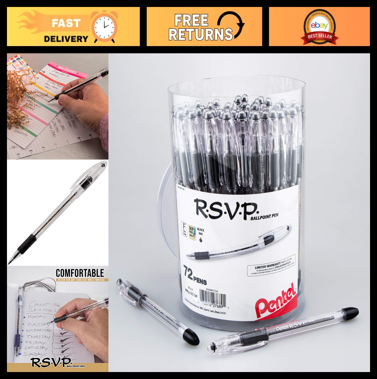 Fine Line Ballpoint Pens 0.7mm Black Ink – 72 Pack Canister, Smooth Writing