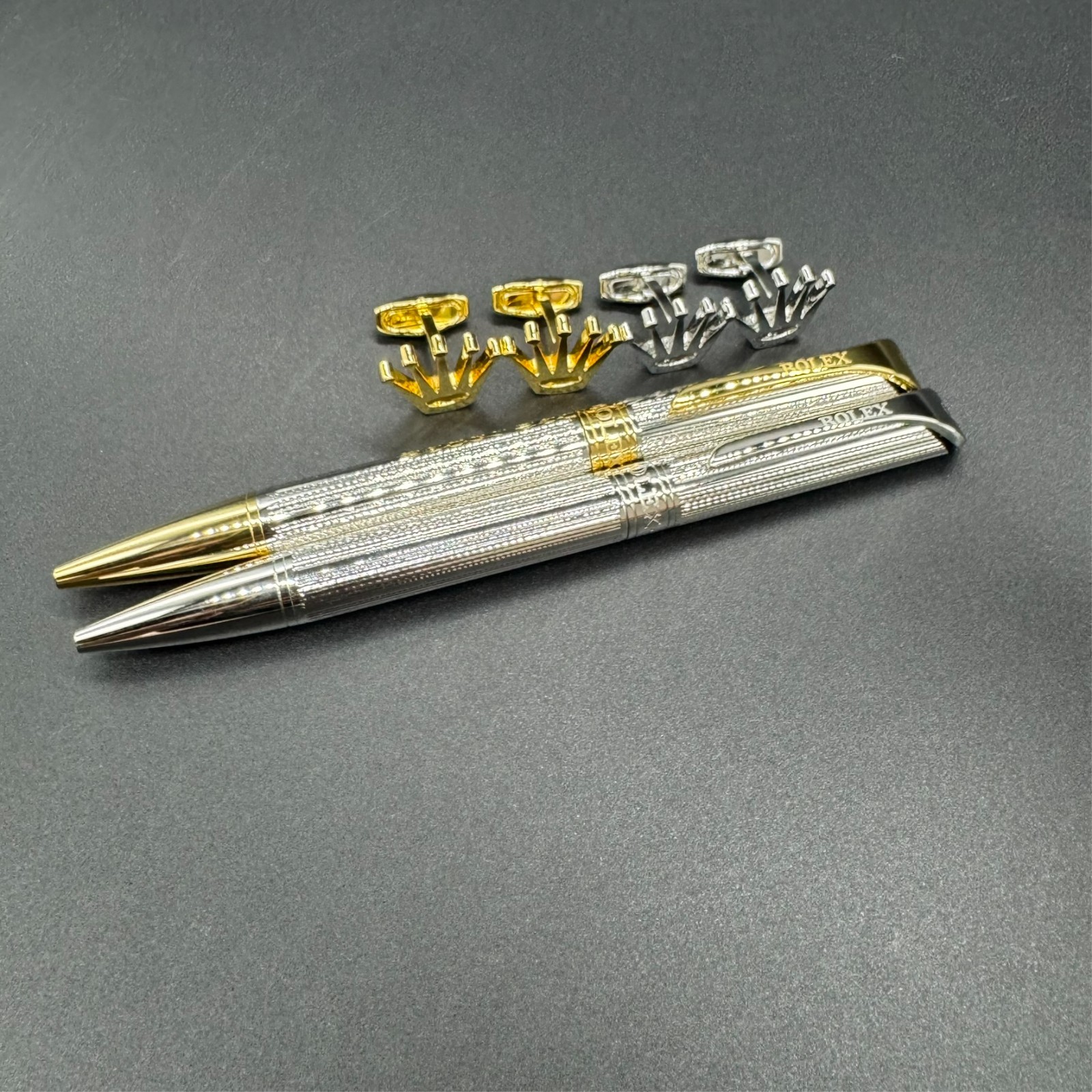 Rolex Logo Gold Silver Tone Ballpoint Pen & Cufflinks Set Unused