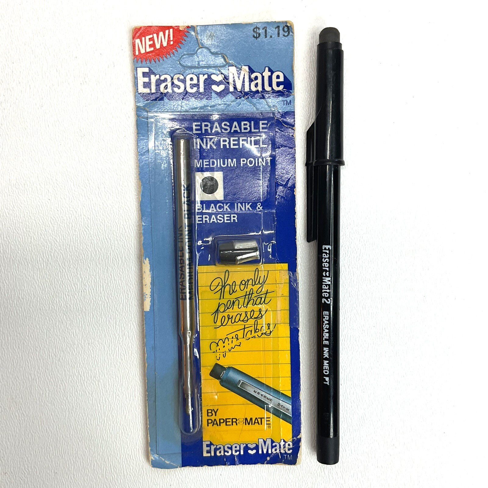 Vintage 1978 Eraser Mate Erasable Ink + Pen 2 PAPER MATE by Gillette Black Med..