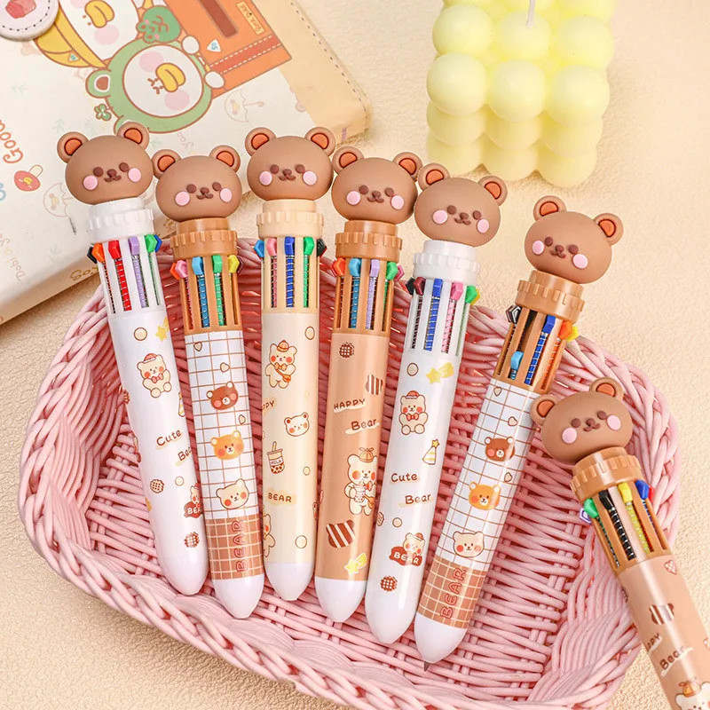 1/5/10Pcs 10 Color Kawaii Teddy Bear Cartoon Press Pen Multi-Color Color Pen Stu