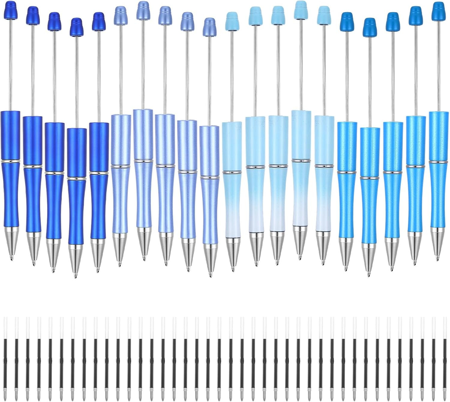20 Pcs Blue Beadable Pens Bulk, Plastic Beaded Pen with 40Pcs Black Ink