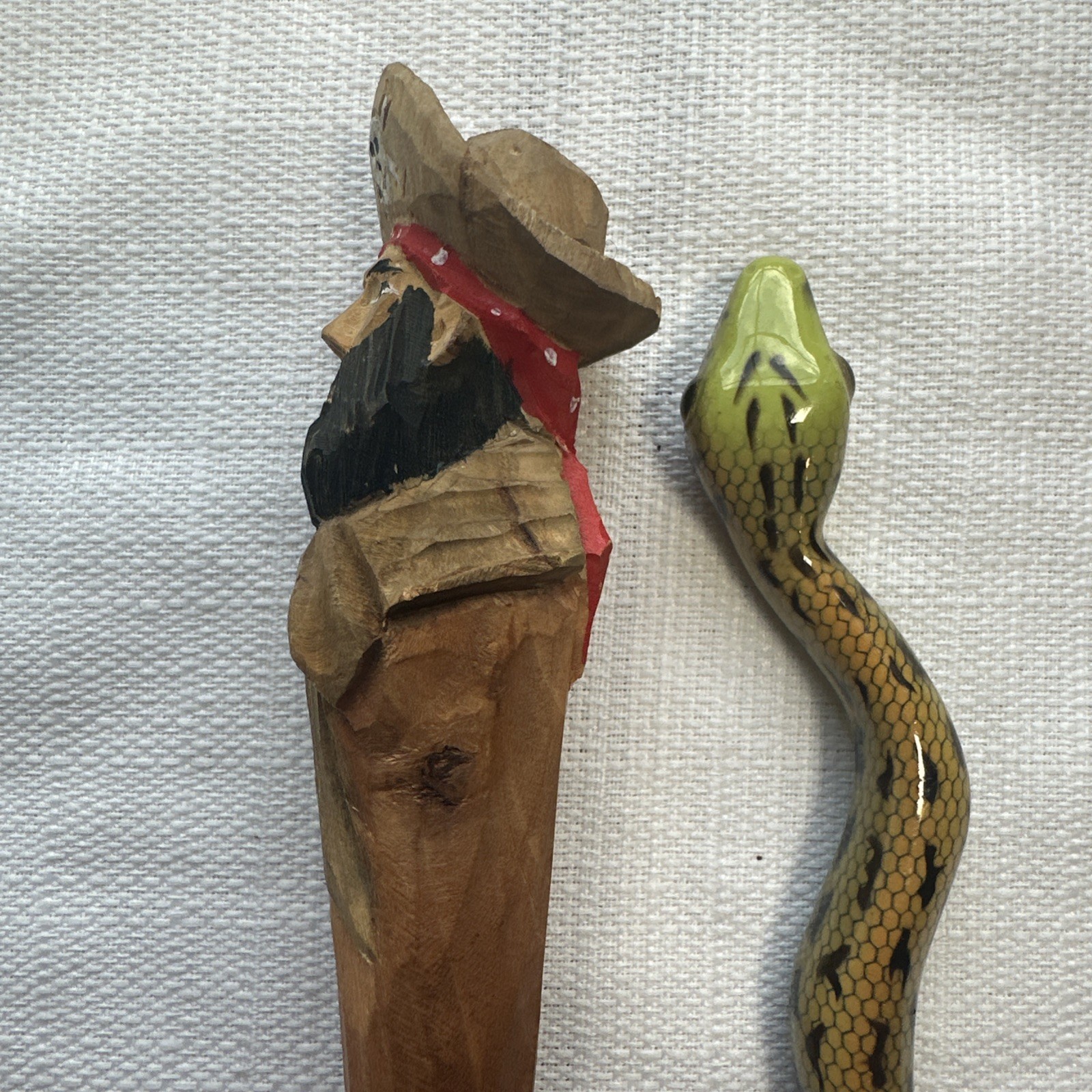 Lot of 2 Vintage Carved Wood Pens – Pirate & Snake Enamel Painted Novelty