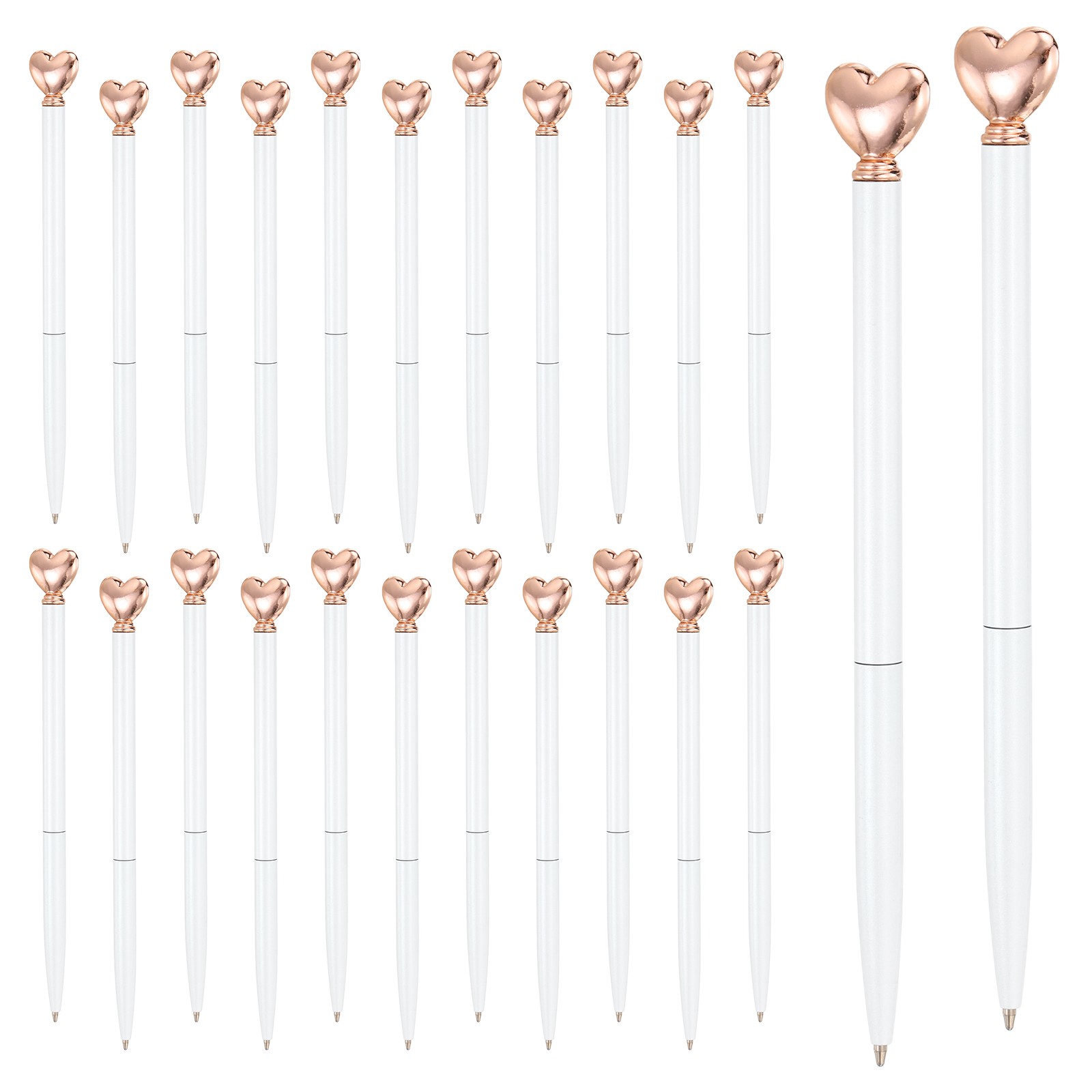 Heart Pens 1.0 mm Black Ink, 24 Pcs Metal Cute Pens Ballpoint, White/Rose Gold