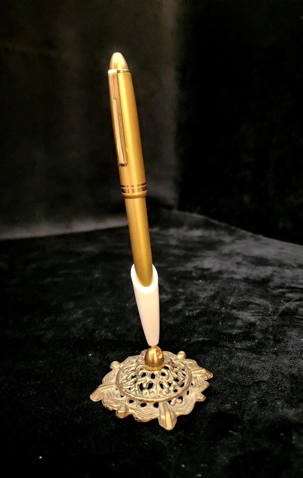 Vintage Metal Filagree Pen Holder and Gold Ball Point Pen