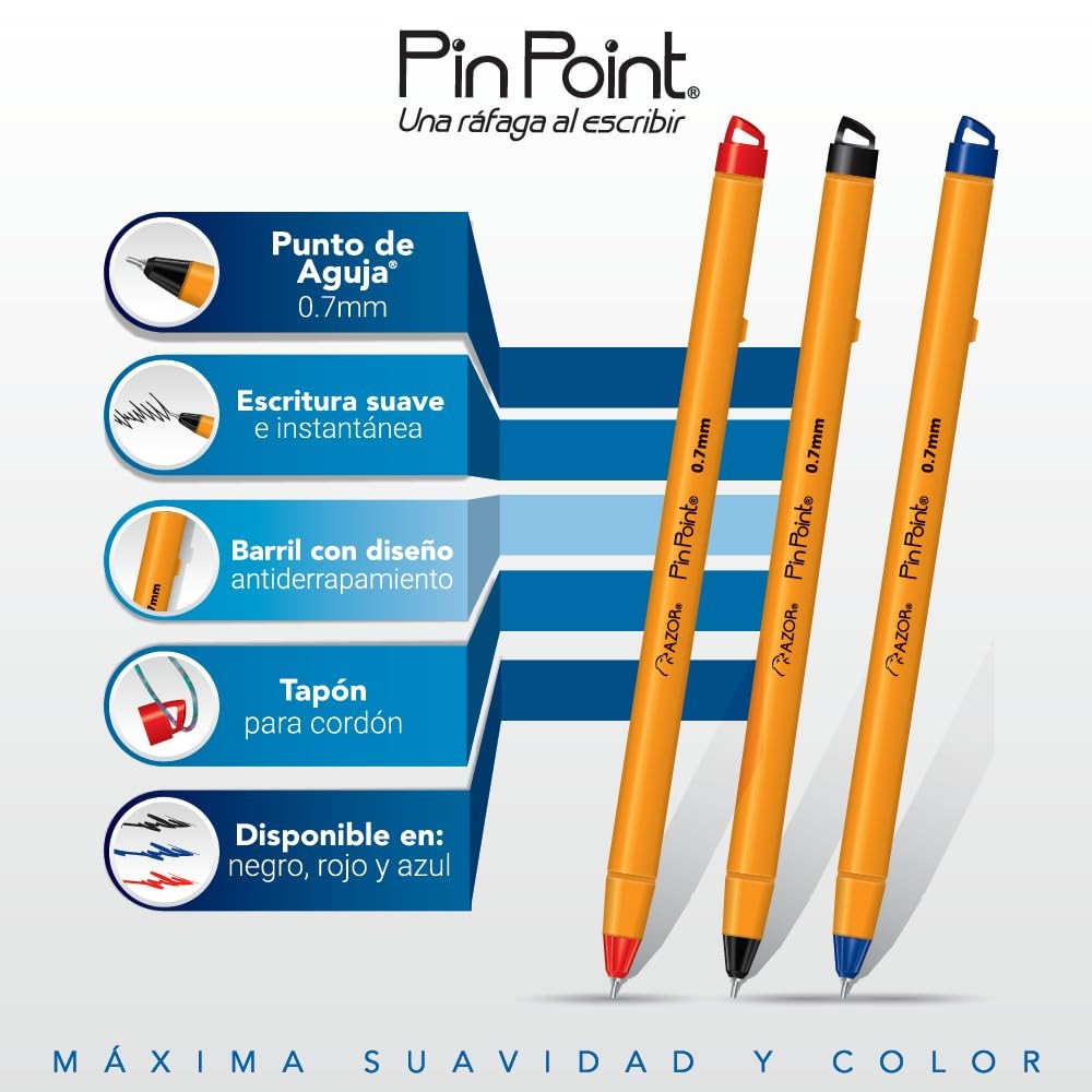 AZOR Pin Point Fine Pens 0.7mm 50 Pack – 30 Black 15 Blue 5 Red Ballpoint