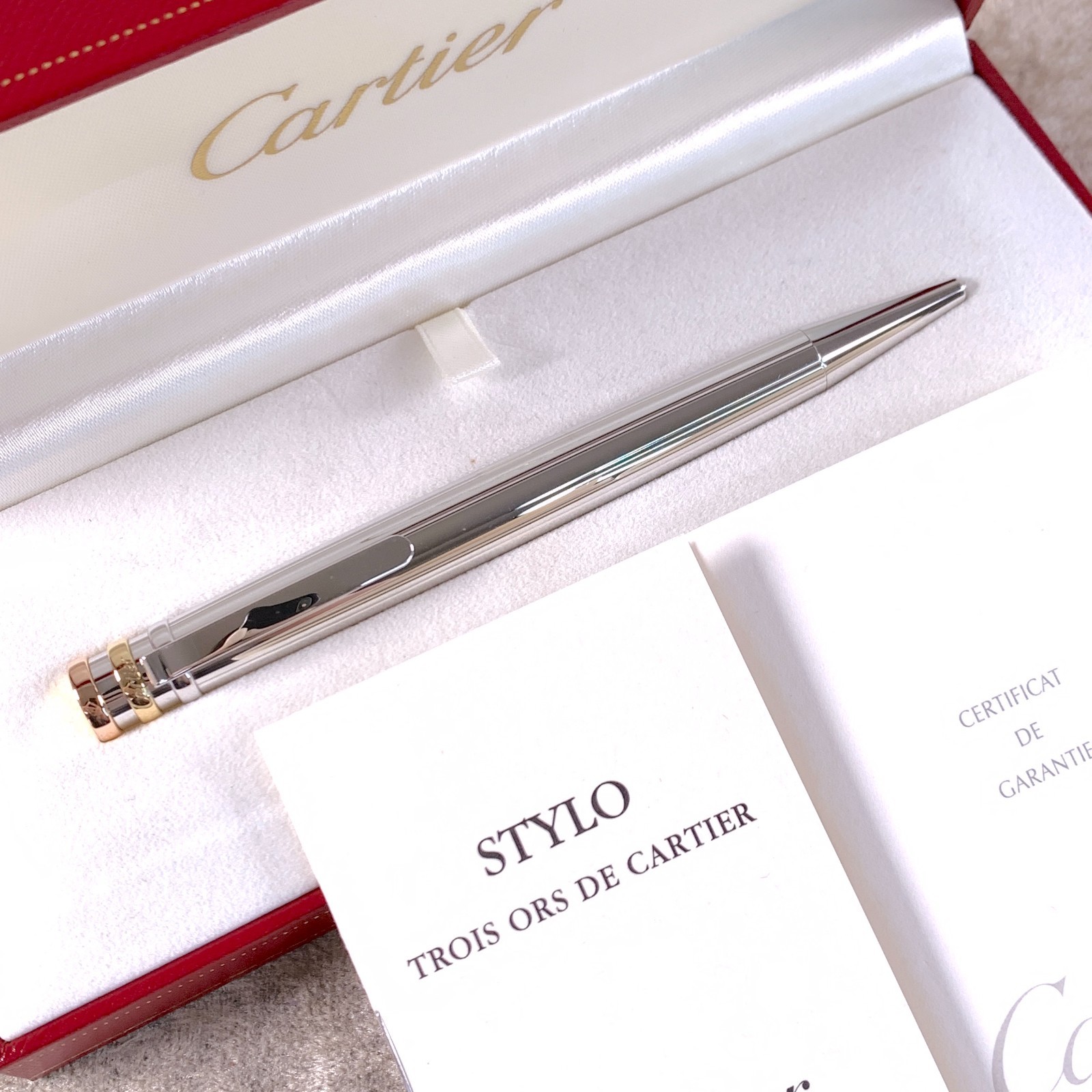Cartier Ballpoint Pen Trinity Silver Godron Platinum Finish with Case & Papers