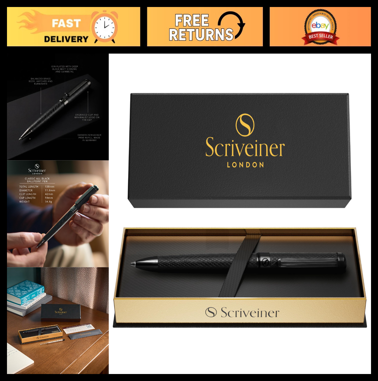 Luxury All Metal Black Ballpoint Pen, Schmidt Refill, Executive Gift Set for Men